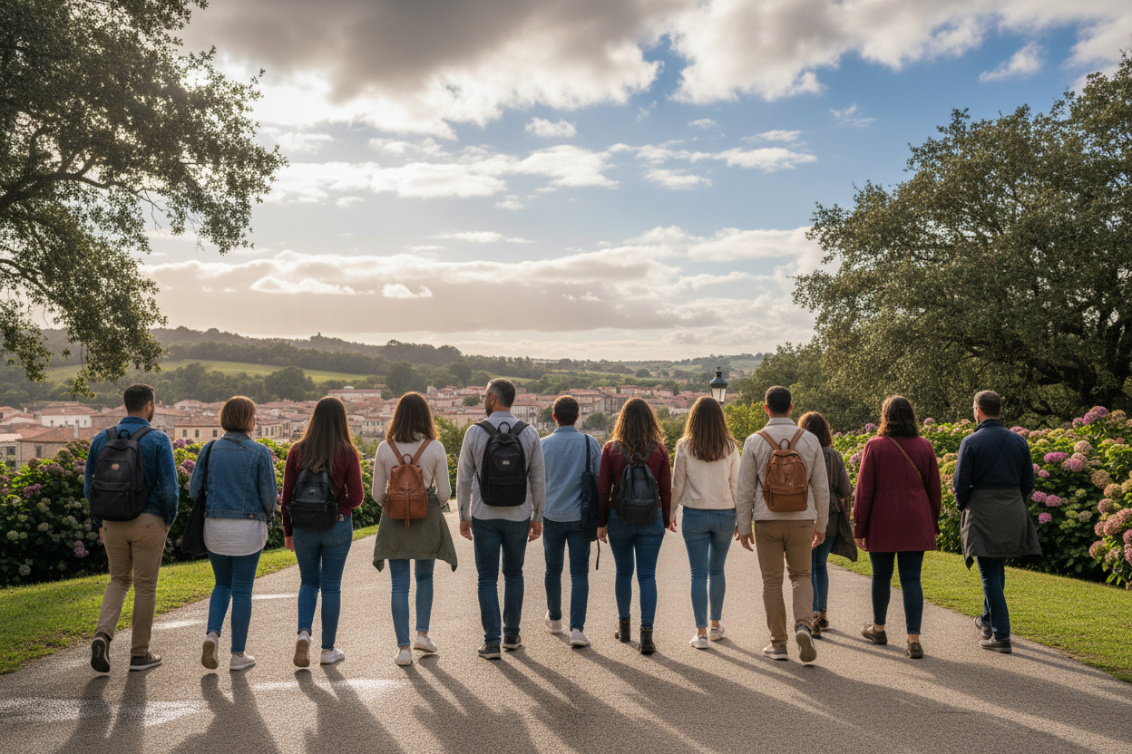 from behind a diverse group of people dressed in semi casual clothes walking on a semi sunny day with the words Image72 in the clouds

